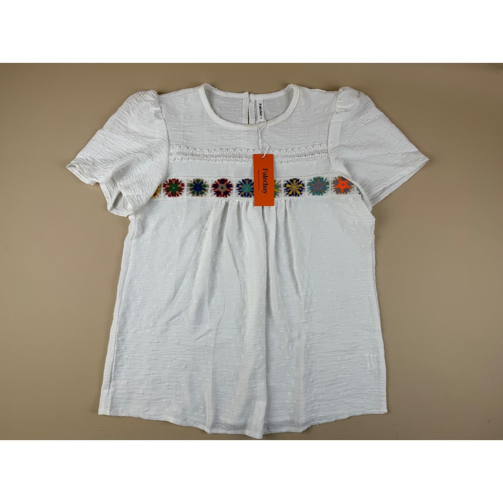 Boho Crochet Floral Blouse White Swiss Dot Puff Sleeve Size M Falechay NWT